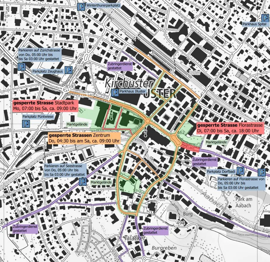 Ein Stadtplan mit den eingezeichneten Umleitungen und Sperrungen.