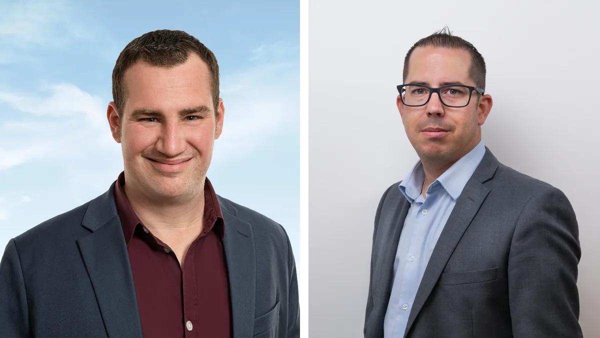 Tobias Bachofen (SVP) und Michael Rüegg (FDP) haben den Sprung in den Gemeinderat geschafft (von links). Porträts von zwei Männern.