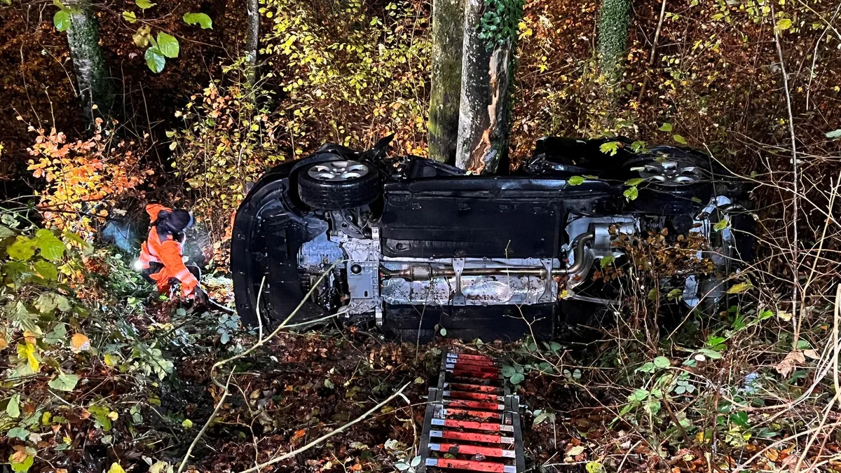 Ein verunfalltes Auto liegt im Wald an einem Baum.