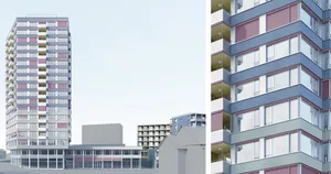 27979652-8 Visualisierung des Hochhauses mit neuer Fassade auf dem Baufeld E im Zentrum von Illnau-Effretikon.
