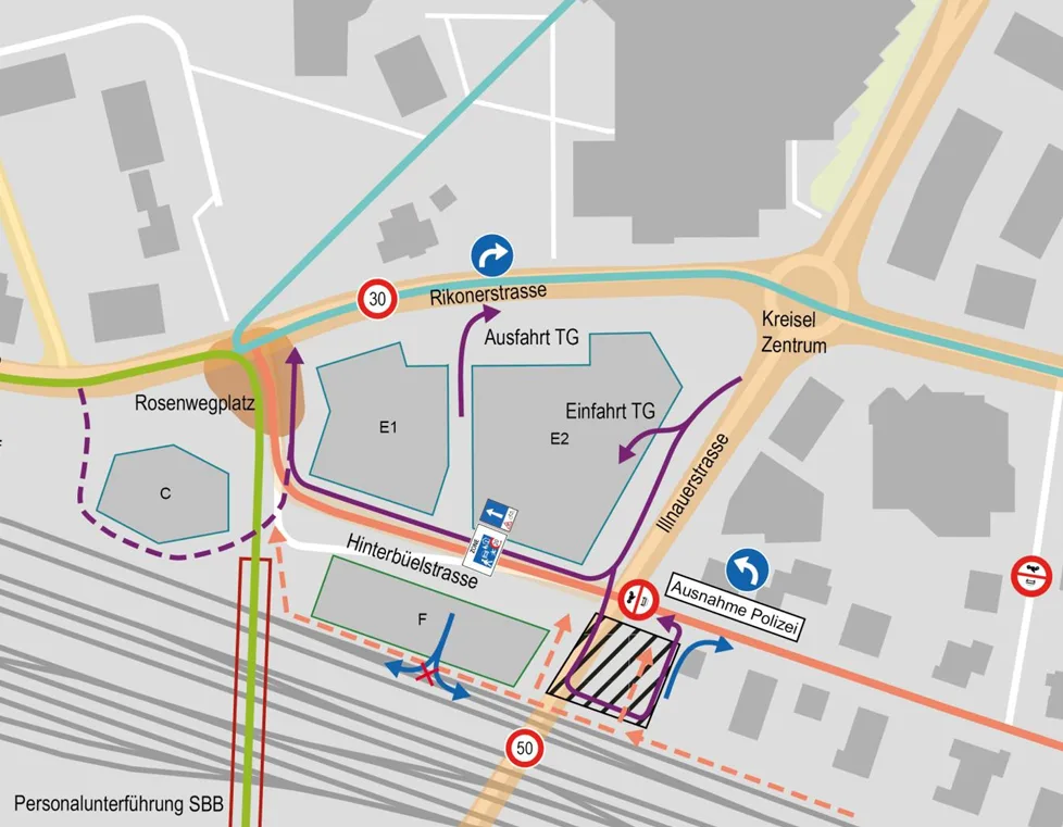 Verkehrskonzept der geplanten Überbauung auf dem Baufeld E im Zentrum von Illnau-Effretikon.