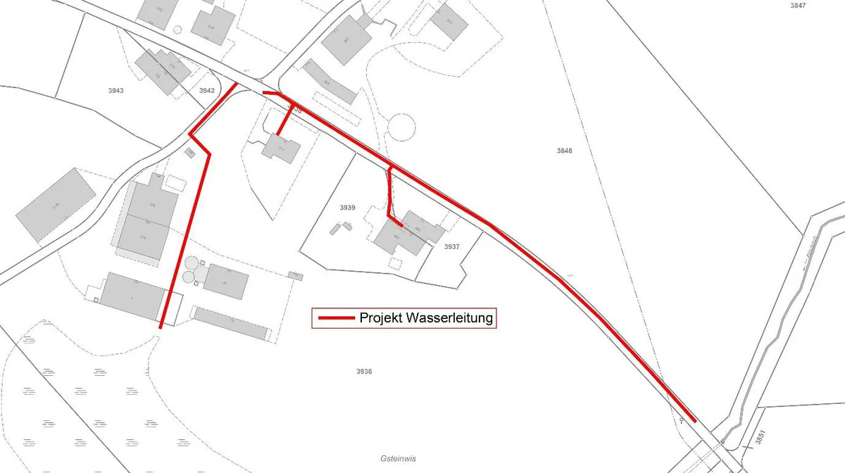 Die Gsteinstrasse wird für ca. sechs Wochen gesperrt sein. Plan der Gsteinstrasse und einem Projekt zur Wasserleitung.