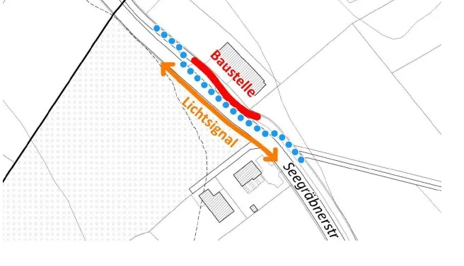 Eine Spur der Seegräbenstrasse wird für zwei Wochen aufgrund von Bauarbeiten gesperrt. Karte des teilweise gesperrten Abschnitts der Seegräbenstrasse in Wetzikon