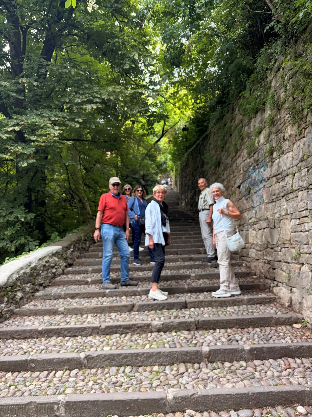 Ein Teil der Gruppe geht den Weg zur Altstadt von Bergamo zu Fuss und lässt die Standseilbahn, das Funicolare, links liegen. Menschen stehen auf einer breiten Steintreppe, rechts eine Steinmauer, links grüne Bäume und Buschwerk.