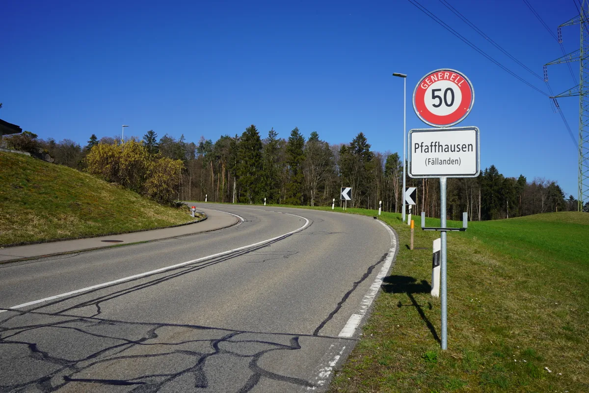 Eine Strasse mit Ortsschild mitten in einer Wiese.