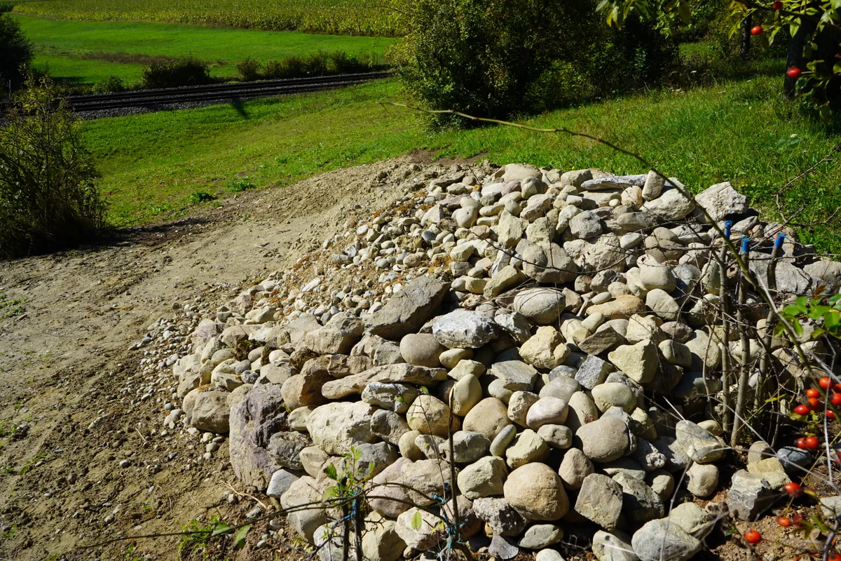 Ein Steinhaufen in einer Wiese.