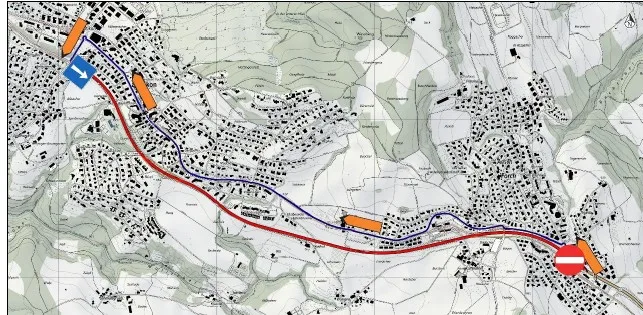 Der Streckenabschnitt zwischen der Ausfahrt Forch und der Kreuzung Forch-/Dorf-/Küsnachterstrasse wird in Richtung Zürich gesperrt. Karte Tiefbauamt Abschnitt Sperrung, Screenshot Google Maps