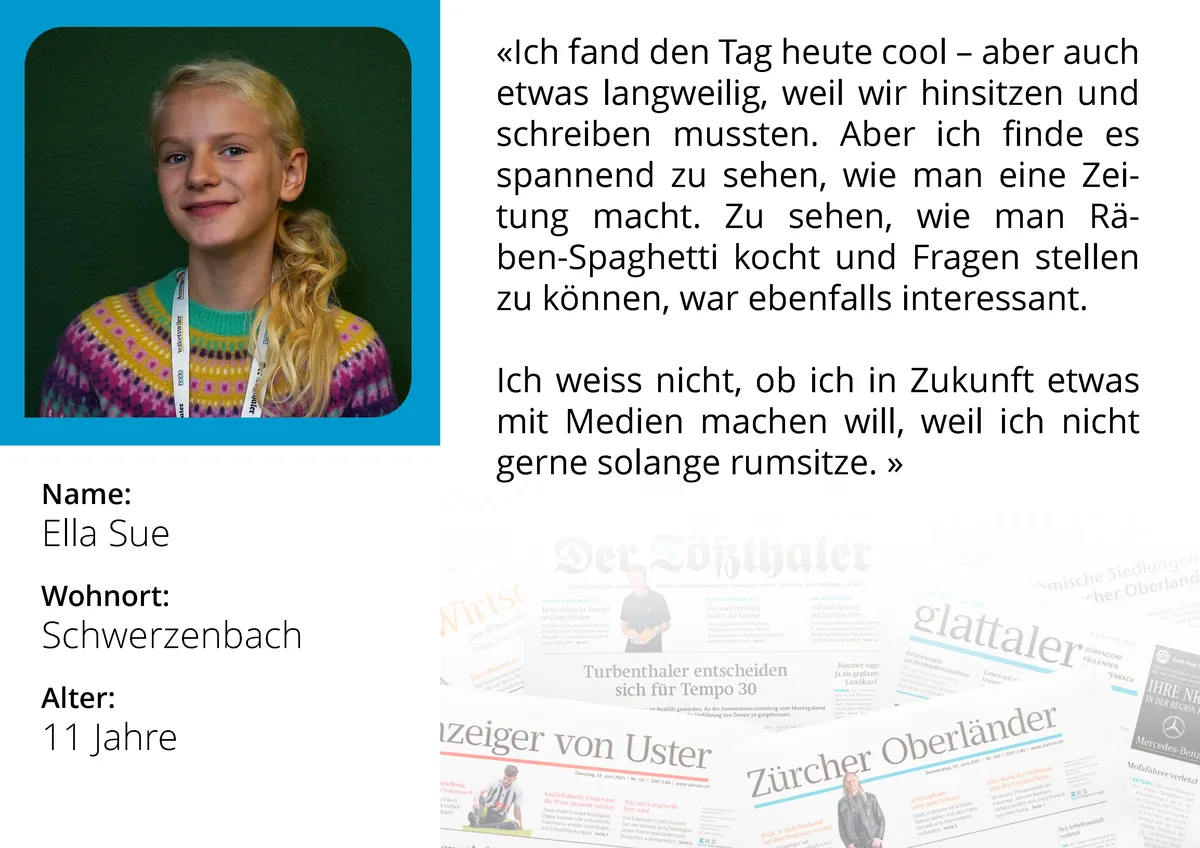 Portrait vom Zukunftstag bei den Zürcher Oberland Medien Portrait von Ella (11) am Zukunftstag bei den Zürcher Oberland Medien AG