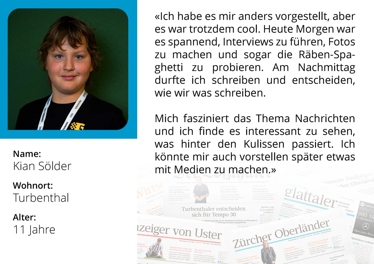 Portrait von Kian (11) am Zukunftstag bei den Zürcher Oberland Medien AG