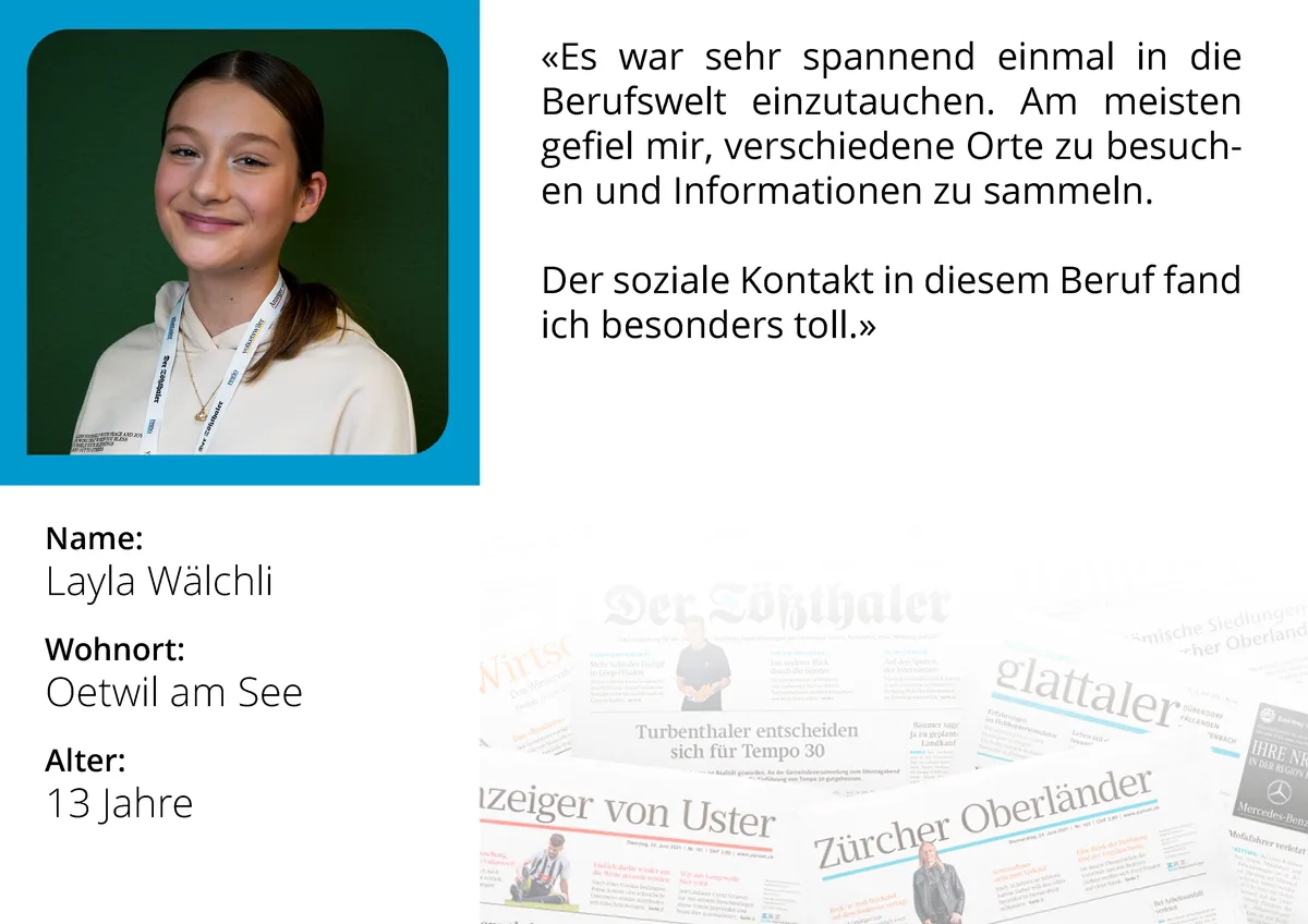 Portrait von Layla (13) am Zukunftstag bei den Zürcher Oberland Medien AG