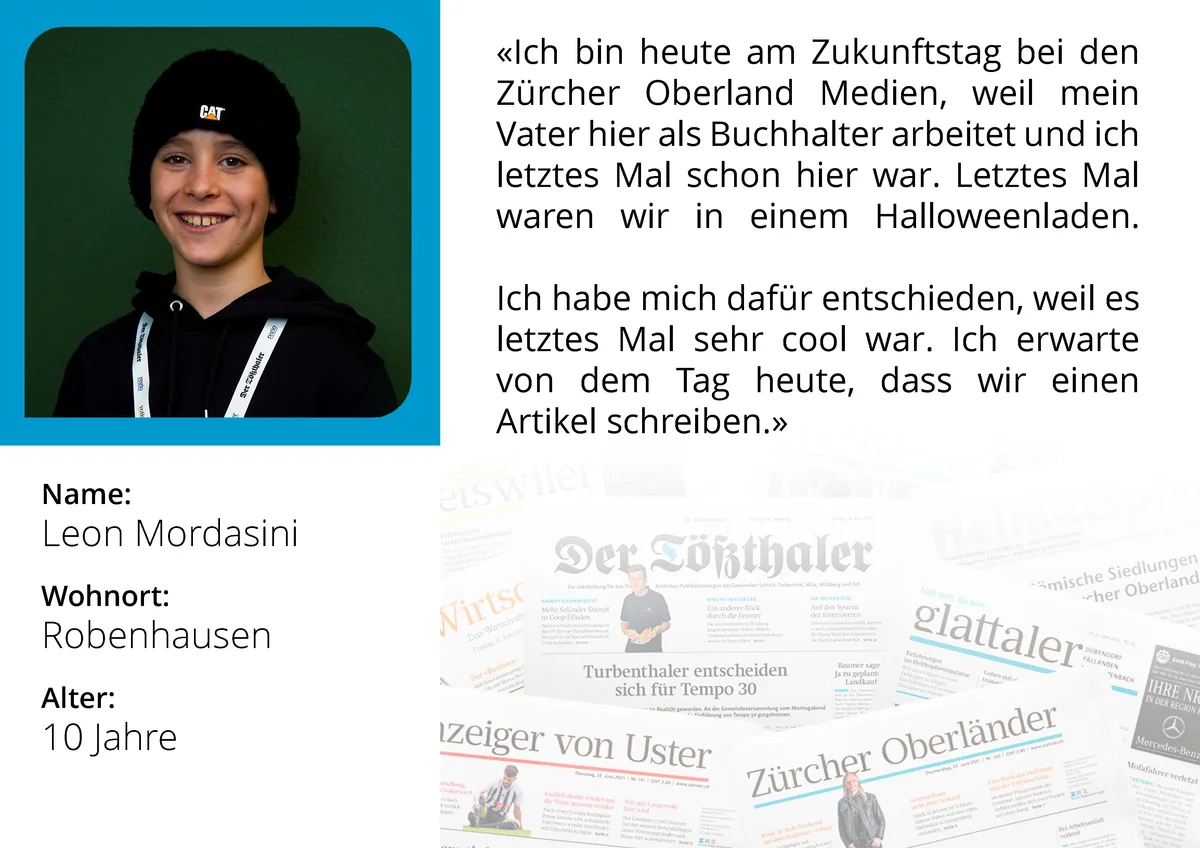 Portrait von Leon (10) am Zukunftstag bei den Zürcher Oberland Medien AG