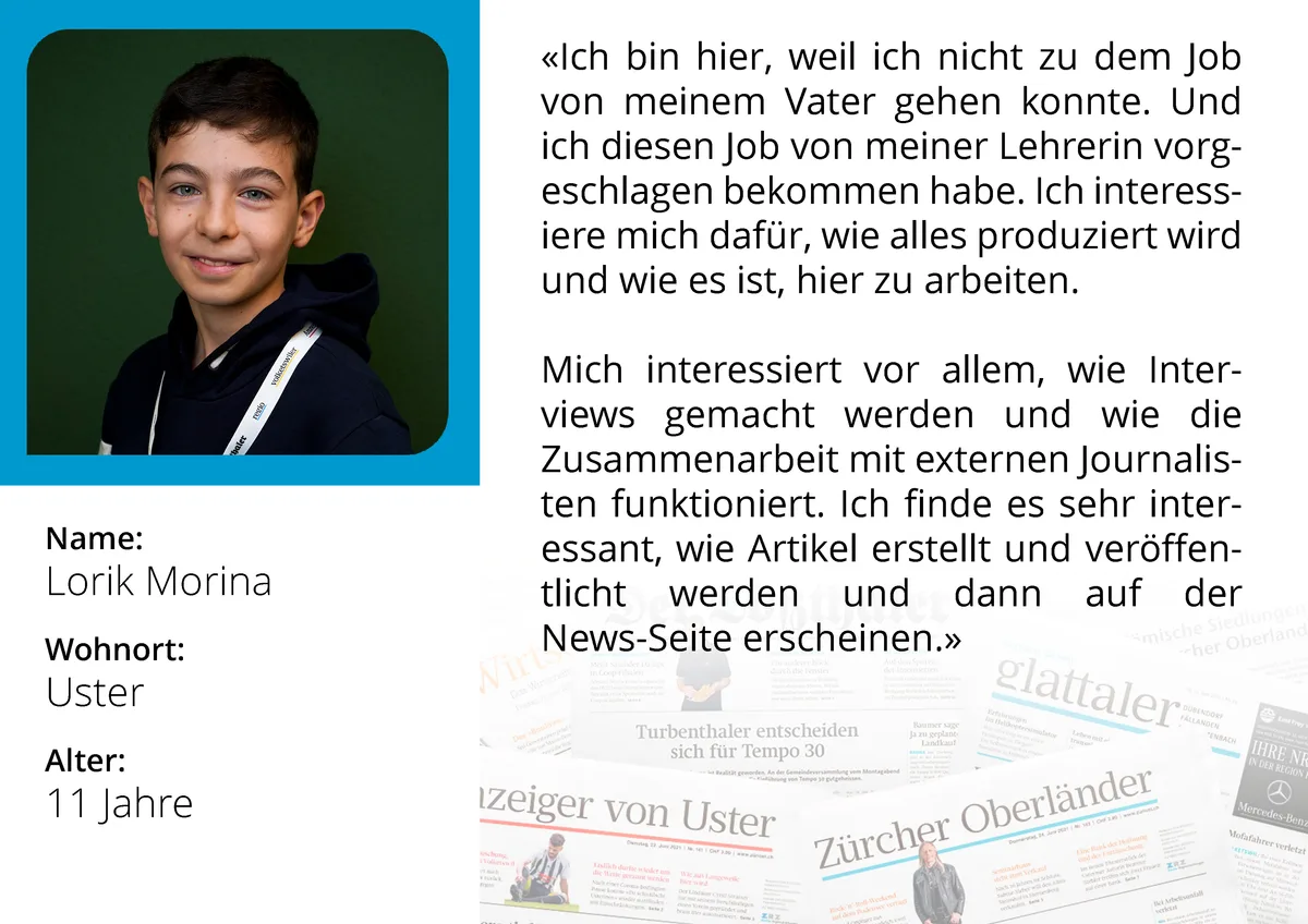 Portrait von Lorik (11) am Zukunftstag bei den Zürcher Oberland Medien AG