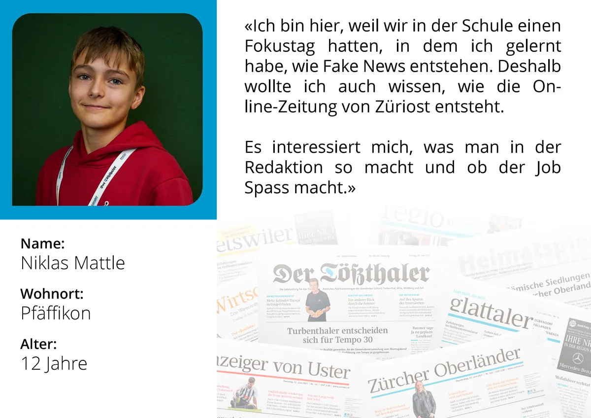 Portrait von Niklas (12) am Zukunftstag bei den Zürcher Oberland Medien AG