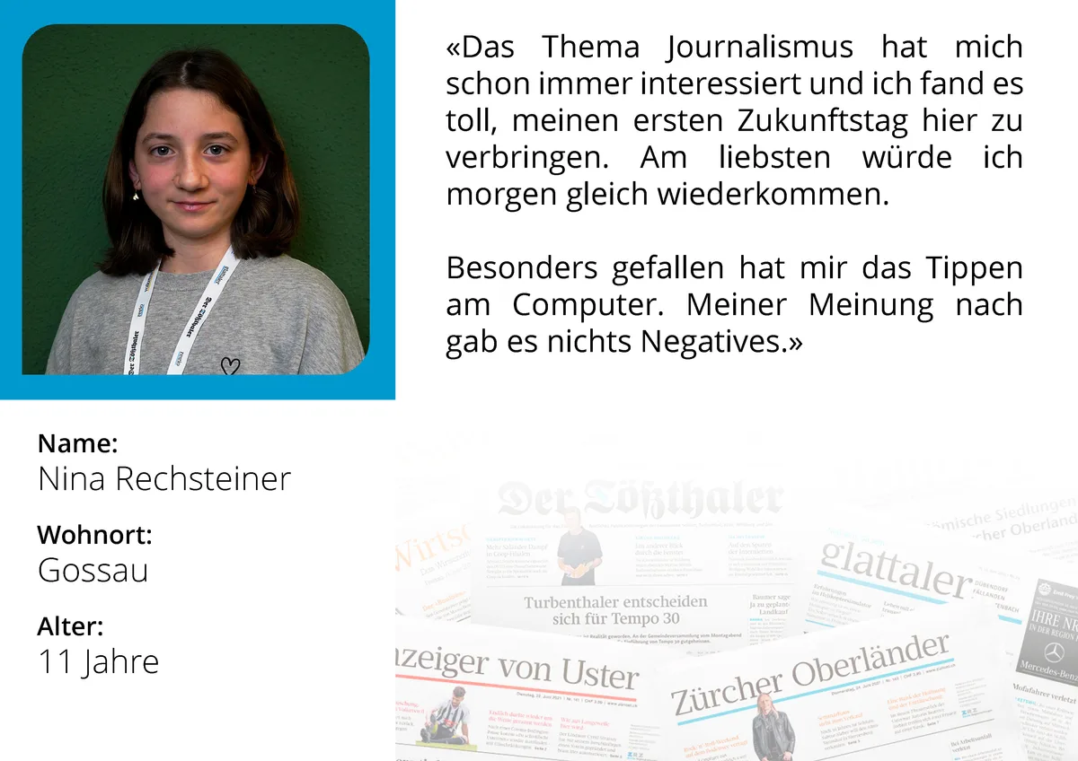 Portrait von Nina (11) am Zukunftstag bei den Zürcher Oberland Medien AG
