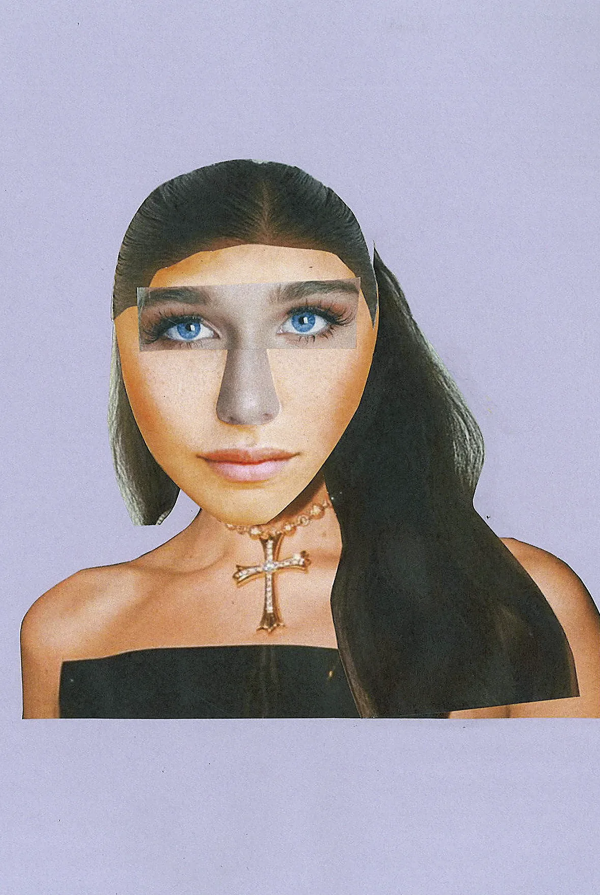 Bunte Collage einer jungen Frau mit glatten Haaren und blauen Augen