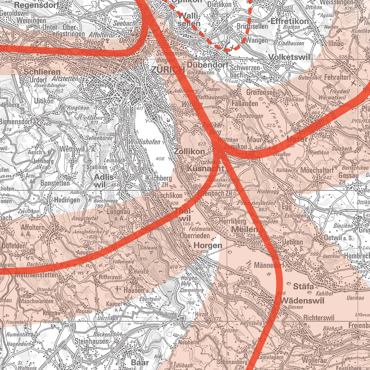 Die roten Striche zeigen die Flugrouten für Südstarts geradeaus. Die rötlich eingefärbten Gebiete zeigen die Fächerung dieser Abflüge. Die roten Striche zeigen die Flugrouten für Südstarts geradeaus. Die rötlich eingefärbten Gebiete zeigen die Fächerung dieser Abflüge.