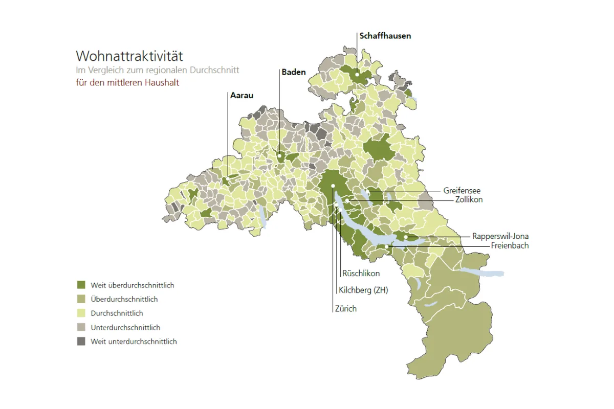 Die Karte zeigt die Gemeinden der Region Zürich–Aarau–Schaffhausen.