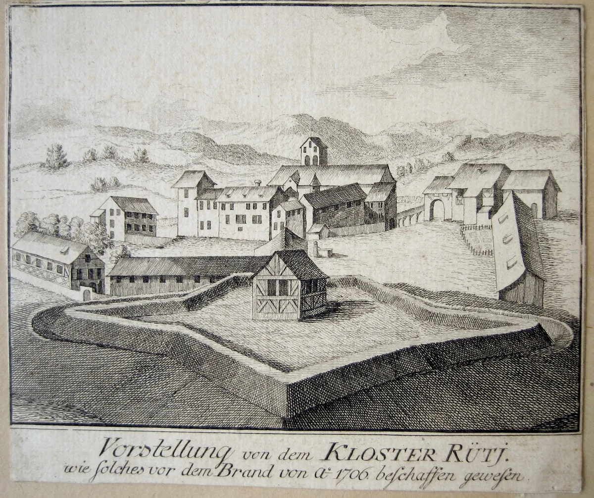 Zeichnung des Klosters Rüti vor dem Brand von 1706.