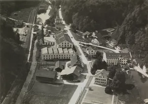 28894775-3 Aatal als Industrielandschaft, Luftbild von Walter Mittelholzer um 1925, mit dem alten Bahnhof Aathal, der ehemaligen Mühle, den Weihern sowie dem Dorfkern von Aathal mit den Industriebauten der Spinnerei