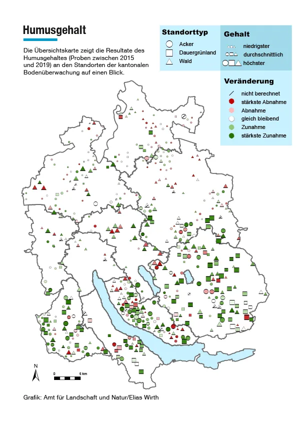 In den Regionen Oberland und Pfannenstiel ist der Humusgehalt vor allem auf Weideland sowie im Wald vergleichsweise hoch. 