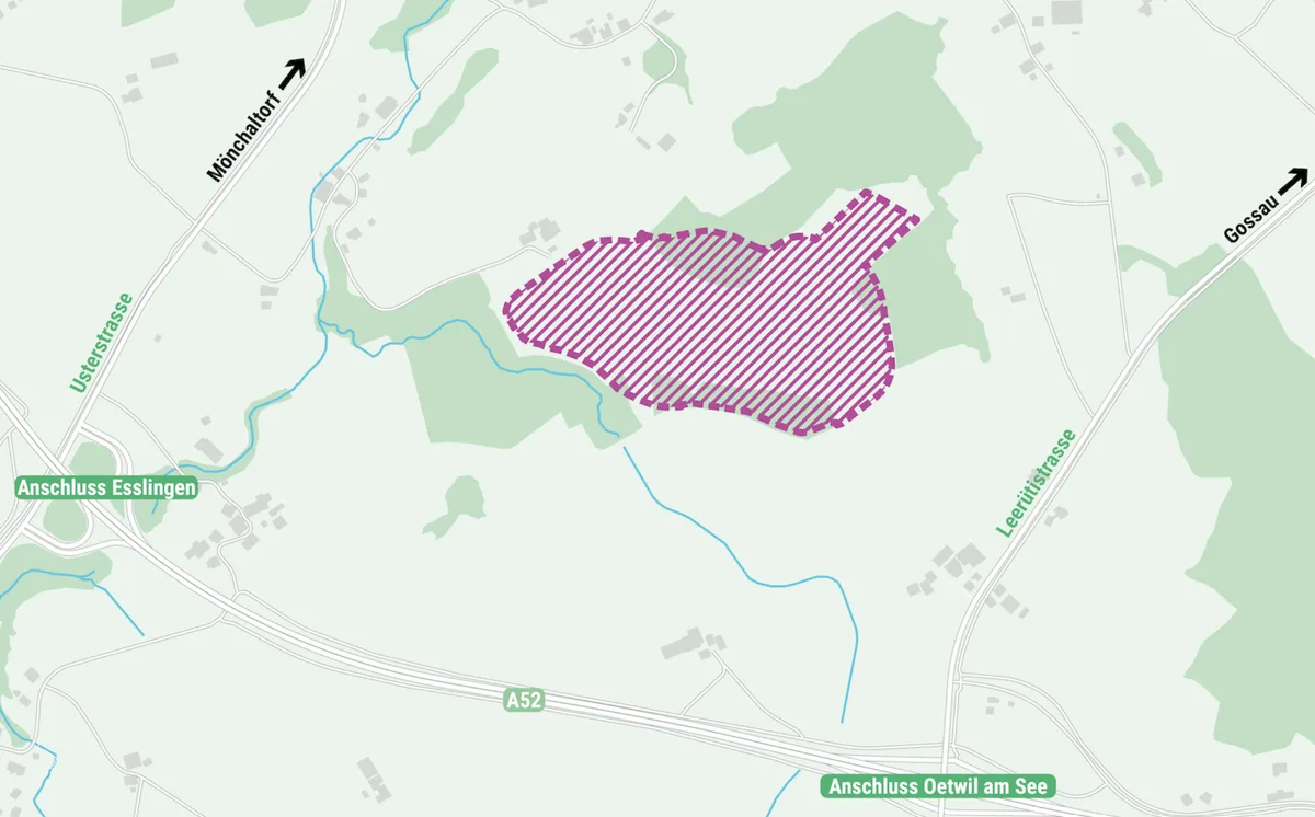 Eine Karte, auf der das Gebiet der künftigen Deponie Leerüti eingezeichnet ist.