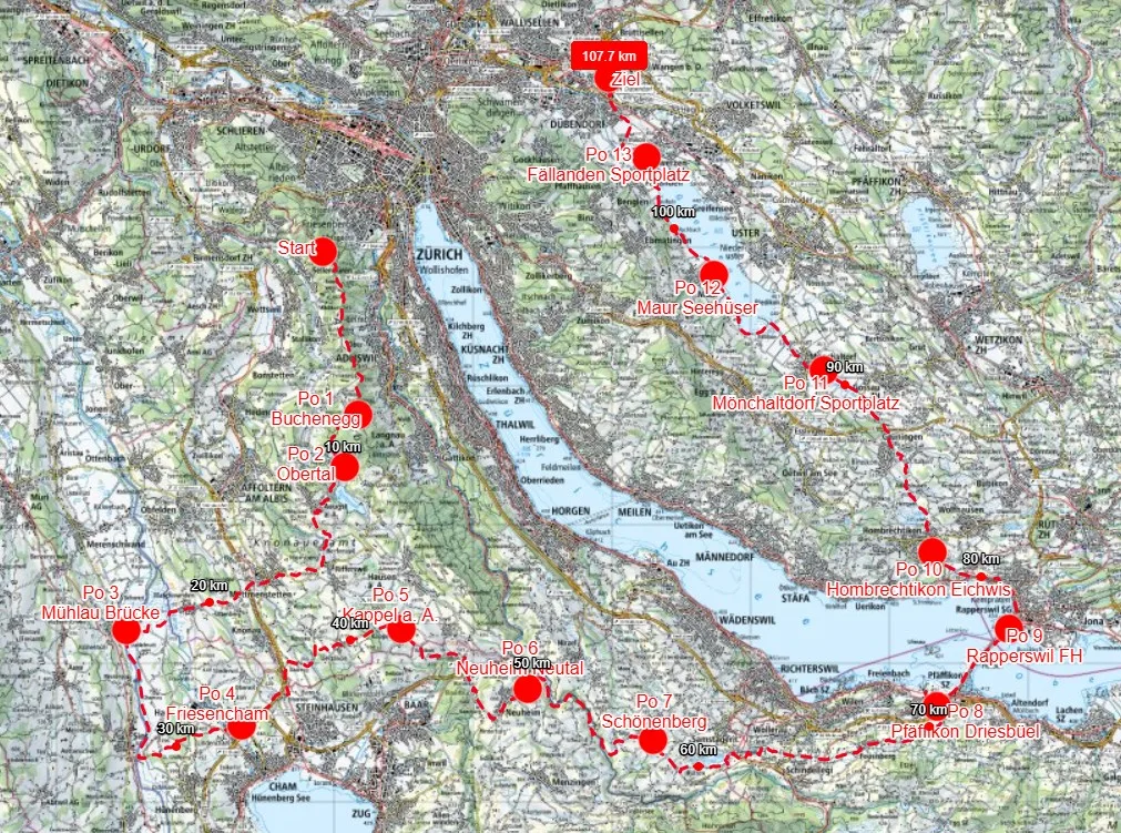 Die Karte zeigt die Route des ersten Schweizer Militärmarschs 2025 vom Üetliberg über Rapperswil nach Dübendorf. Route des ersten Schweizer Militärmarschs 2025 vom Üetliberg über Rapperswil nach Dübendorf.