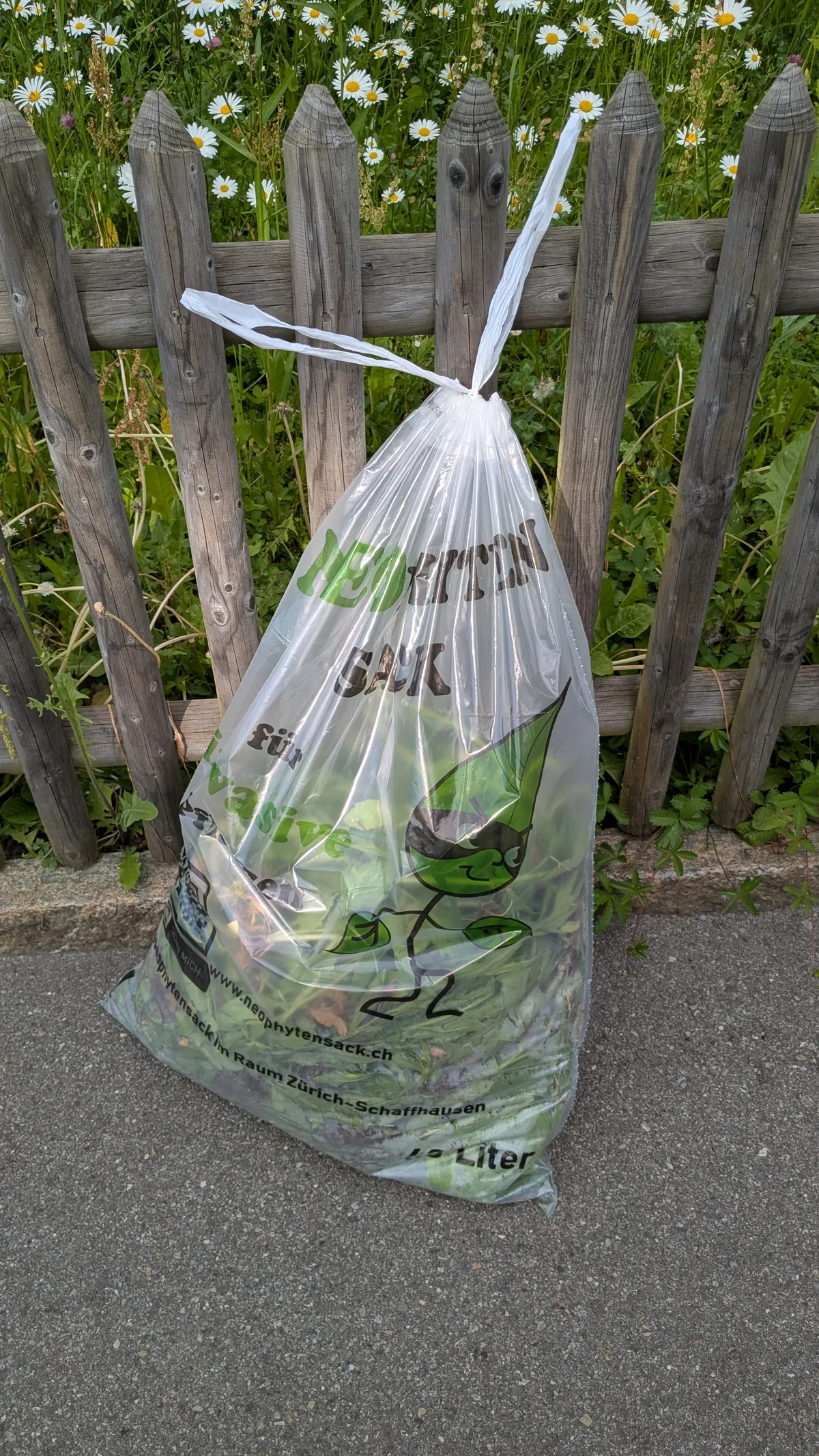 Wichtig ist vor allem, dass die Säcke vor der Abgabe so gut als möglich verschlossen sind. Ein Abfallsack mit Pflanzen drin.