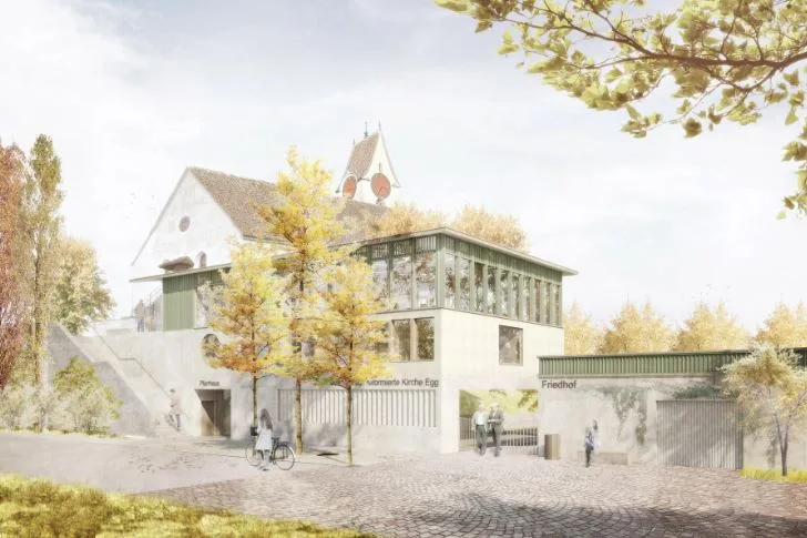 Planungsskizze eines modernen Anbaus neben der reformierten Kirche.