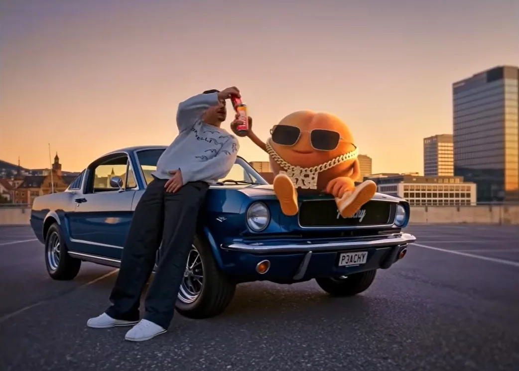 Zuckersüsser Gangsterrap – EAZ und «Peachy». Ausschnitte aus dem neuen Werbespot von Rivella mit Rapper EAZ und Pfirsich «Peachy».