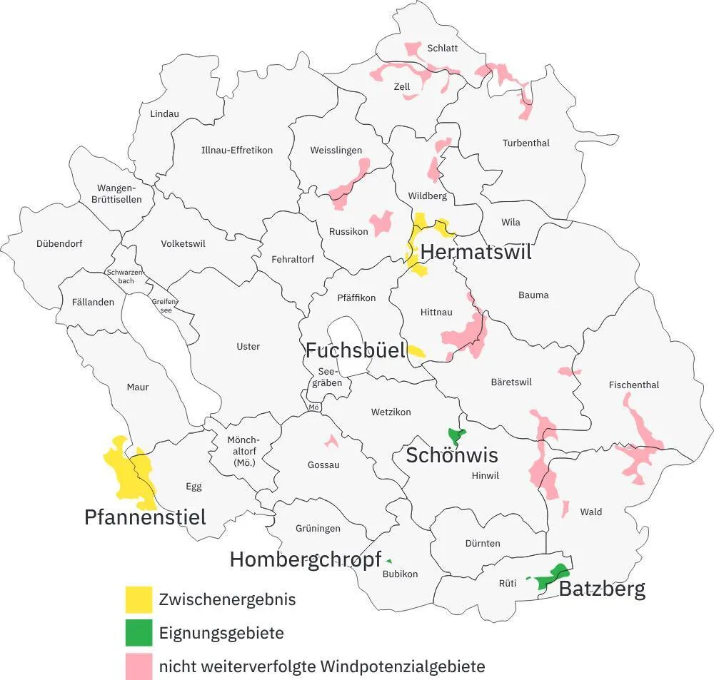 Karte der Windpotenzialgebiete im Zürcher Oberland. Geeignet sind Batzberg, Hombergchropf und Schönwis. Fuchsbüel, Hermatswil und Pfannenstiel sind als «Zwischenergebnis» noch zurückgestellt.