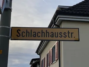 22251189-6 Wenn man dem Strassenschild glauben will, gibt es in Hinwil ein Schlachhaus.