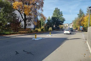 27857151-6 Hier sollen die Schulkinder die Tösstalstrasse überqueren. Erst am Freitag wird der Fussgängerstreifen markiert.