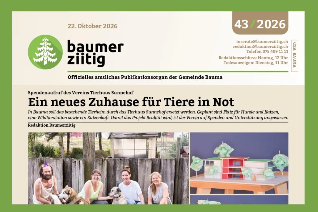 Die Onlineversion der «Baumerziitig» ist zurzeit nicht abrufbar. Die Redaktion informiert auf ihrem Instagram-Kanal über das weitere Vorgehen. Die Onlineversion der «Baumerziitig» ist zurzeit nicht abrufbar. Die Redaktion informiert auf ihrem Instagram-Kanal über das weitere Vorgehen.