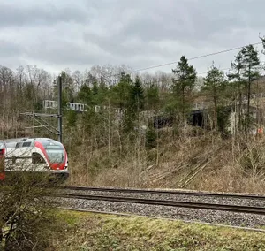 Dunkler Einschnitt oberhalb der Gleise: Das rätselhafte Betonbauwerk unter der Autobahn Zürich–Winterthur bei Kemptthal. Dunkler Einschnitt oberhalb der Gleise: Das rätselhafte Betonbauwerk unter der Autobahn Zürich–Winterthur bei Kemptthal.