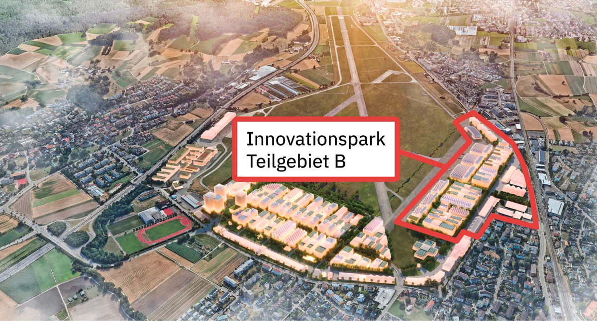 23480488-1 Visualisierung Übersicht Innovationspark Dübendorf mit Teilgebiet B (rechts)