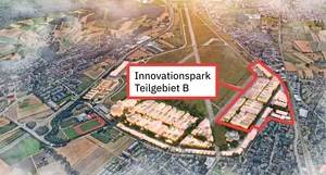 23480488-1 Visualisierung Übersicht Innovationspark Dübendorf mit Teilgebiet B (rechts)