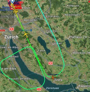 24391238-3 Der Durchstart der hier orange markierten Dornier erfolgte 20 Kilometer entfernt von der Piste. Die Schweizerische Sicherheitsuntersuchungsstelle SUST hat nun einen Vorbericht zum Vorfall veröffentlicht.