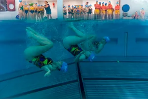 12389354-2 Beim Synchronschwimmen passiert sehr viel auch unter Wasse.