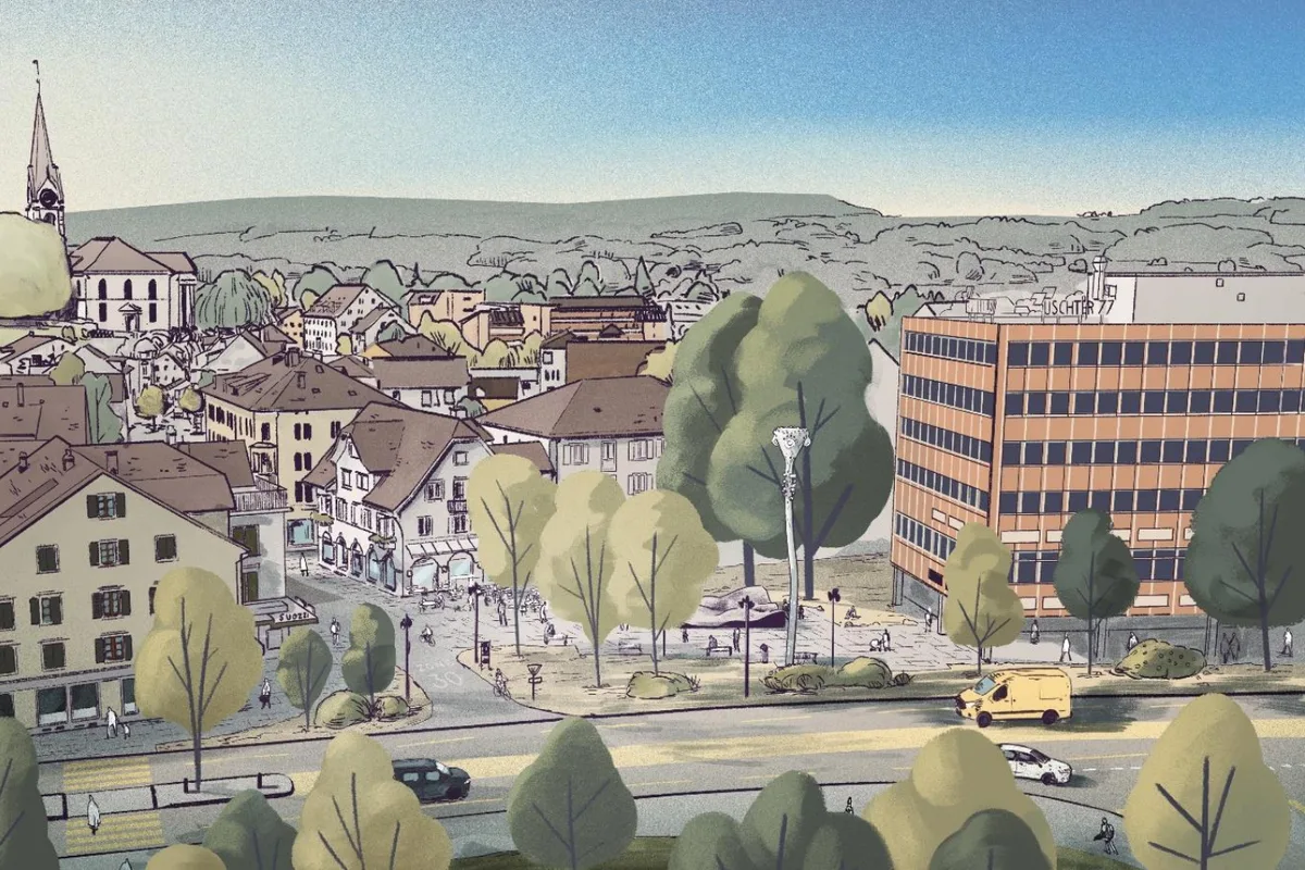 Möglichkeit zur Umgestaltung des Nüsslikreisels zum Sternenplatz mit dem Bau der Moosackerstrasse (Visualisierung), Blick von Norden