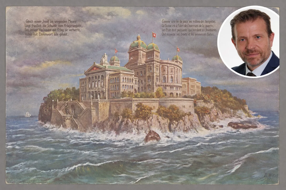 Eine historische Postkarte zeigt die Schweiz alleine, umtobt von einem wilden Meer. Das will die Neutralitätsinitiative. 