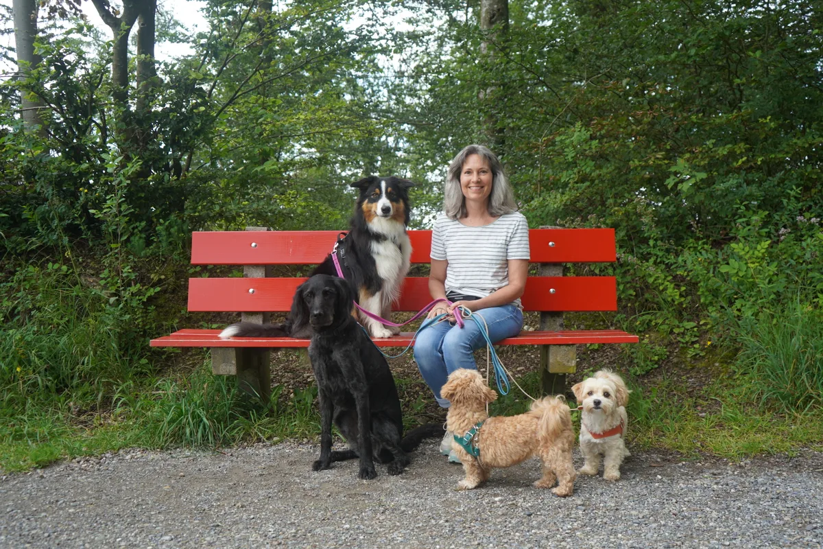 Katharina Kaktys-Ramseyer mit ihrem Hund Akira und den Hunden, die sie hütet, beim Spaziergang.