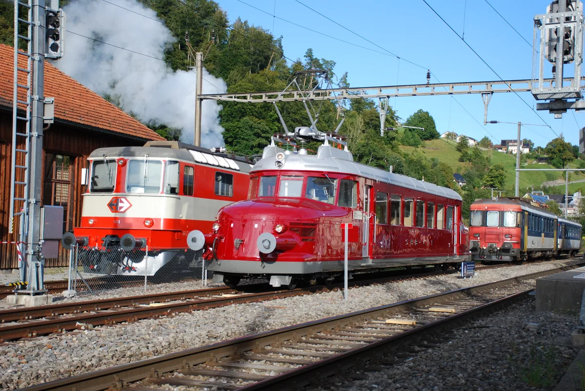 Beim Depot Bauma des DVZO stehen der Rote Pfeil, eine Swiss-Express-Lokomotive des Typs Re 4/4 II sowie hinten ein Triebwagen der Reihe RBe 4/4 mit einem Personenwagen.