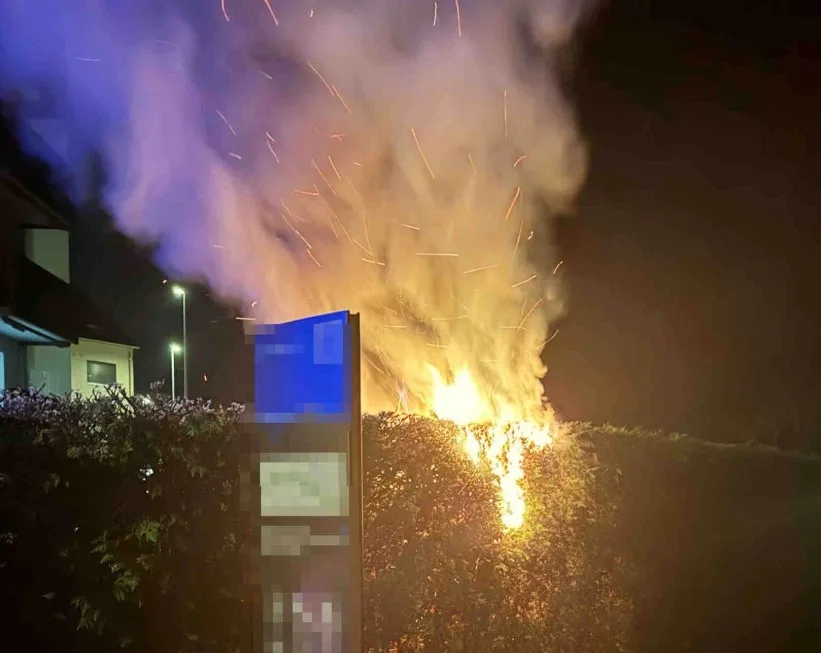 Neben dem Wohnungsbrand musste die Feuerwehr parallel auch noch eine brennende Hecke am Glattweg löschen. Eine brennende Hecke bei Nacht.