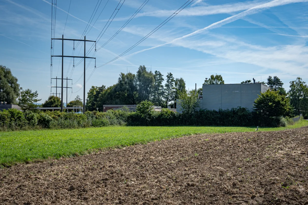 Das grüne Areal neben dem Acker gehört der Ara. Darauf soll künftig ein Gebäude entstehen, in dem die Mikroverunreinigungen entfernt werden. Ein Teil des Erneuerungsbaus wird auf diese Wiese ausgeweitet.