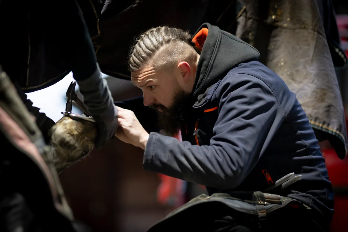 Hodas hämmert Nägel in einen Huf.