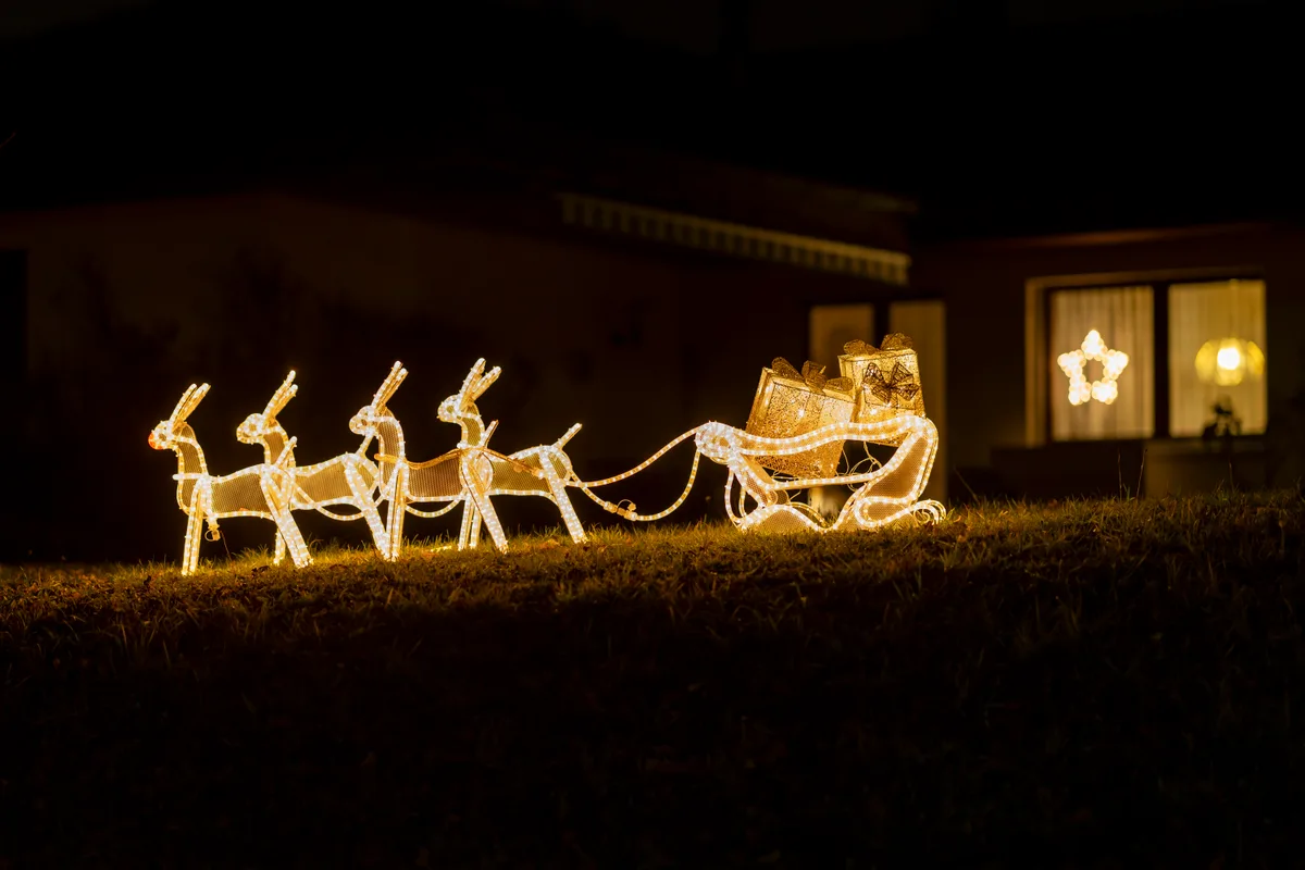 Diese Rentiere sind in Dübendorf unterwegs. Nächtliche Weihnachtsbeleuchtung.