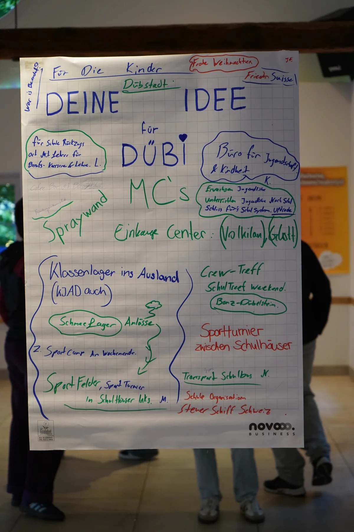 Die Jugendlichen kritzeln erste Ideen für das Jugendparlament auf einen grossen Papierbogen.