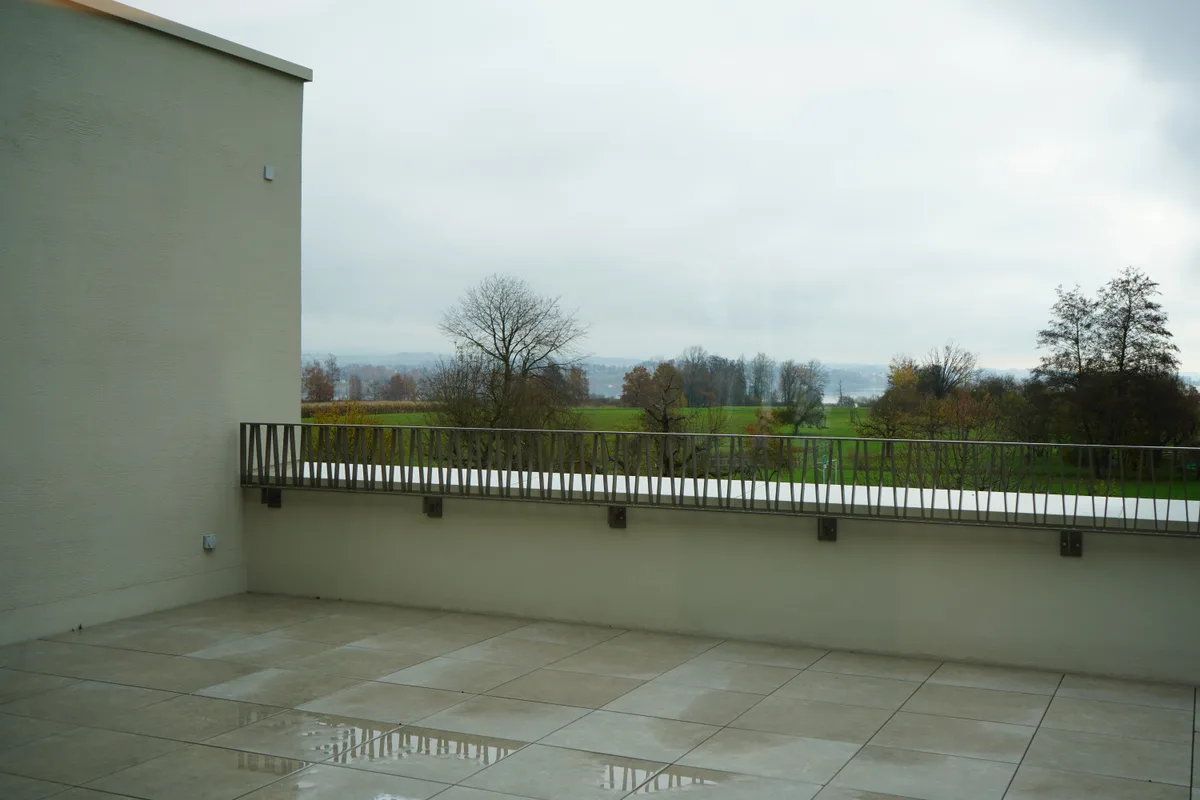 Blick auf einen grossen Balkon mit Sicht auf den See