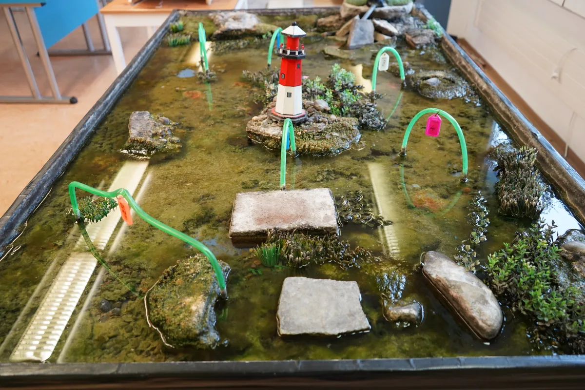 Blick auf eine Miniatur-Wasserlandschaft.