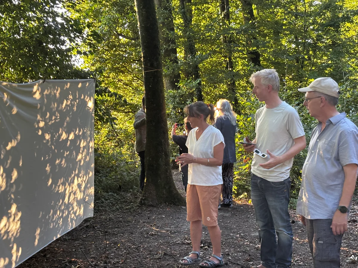 Durch das Blätterdach fällt das Licht der Sonnensichel zigfach auf die Projektionsfläche. Menschen schauen auf ein weisses Leintuch mit Projektionen.